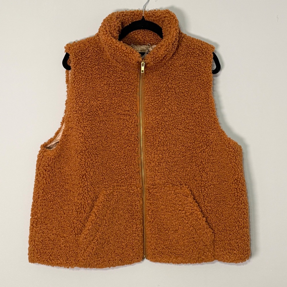 J.Crew Women's XL Teddy Sherpa Fleece Vest Caramel Brown Cabincore Cozy Full Zip